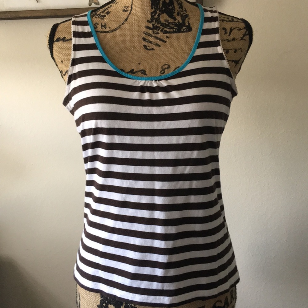 Talbots S brown & white striped tank w/ blue trim